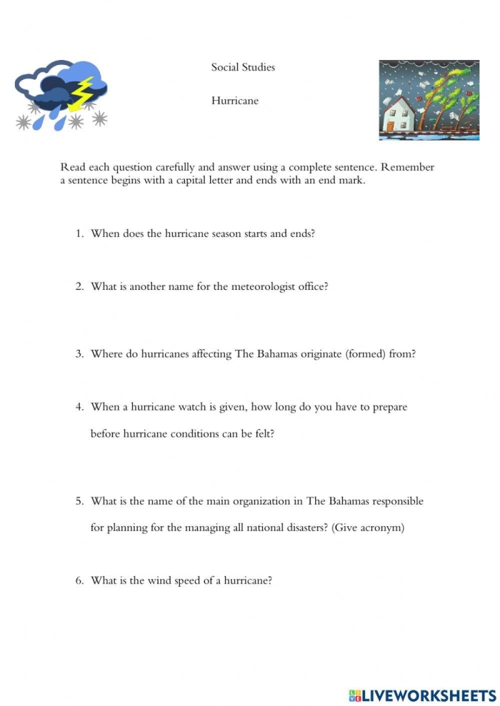 Fifth grade worksheet about hurricanes with a sentence referencing Dorothy and Oz