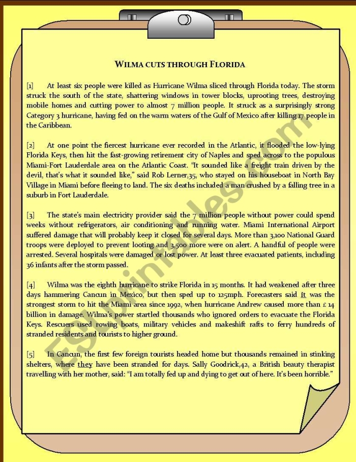 Fifth grade worksheet on learning about hurricanes featuring a sentence about Dorothy and Oz