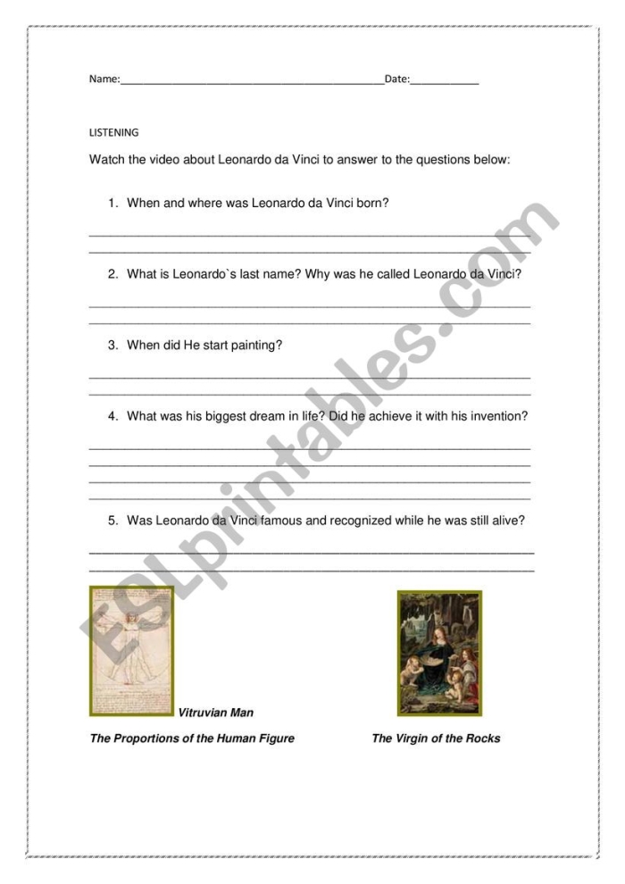 Interactive worksheet for fifth graders exploring Leonardo da Vinci's artistic process