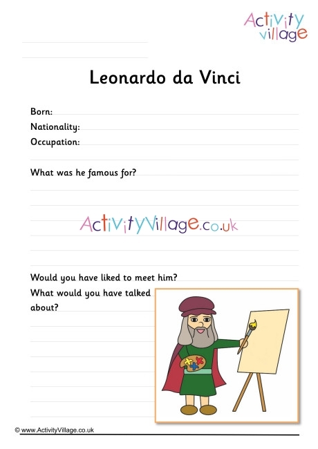 Image of a fifth-grade worksheet focused on Leonardo da Vinci's life and artistic process. Worksheet prompting students to create their own artwork inspired by da Vinci.