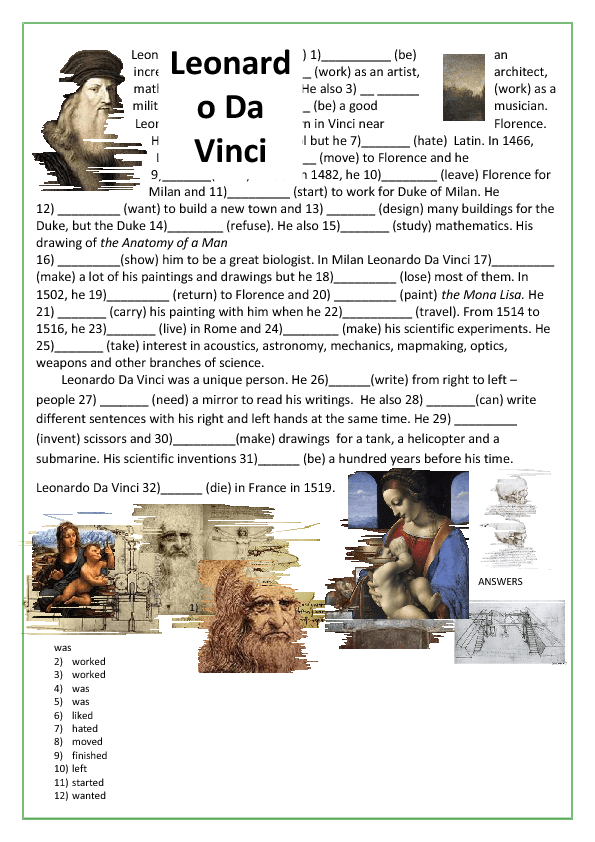 Children engaged in a Leonardo da Vinci worksheet, exploring his life and artistic techniques. Fifth grade students create their own artwork inspired by the master artist's process.