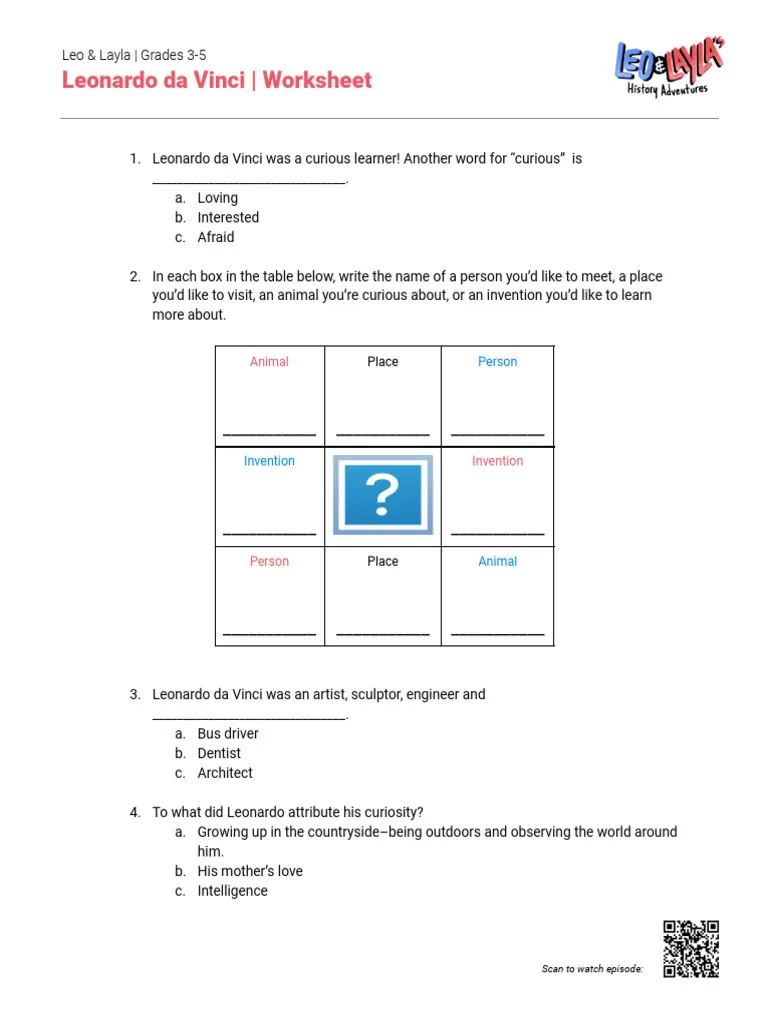 Children exploring the life and contributions of Leonardo da Vinci through a creative worksheet