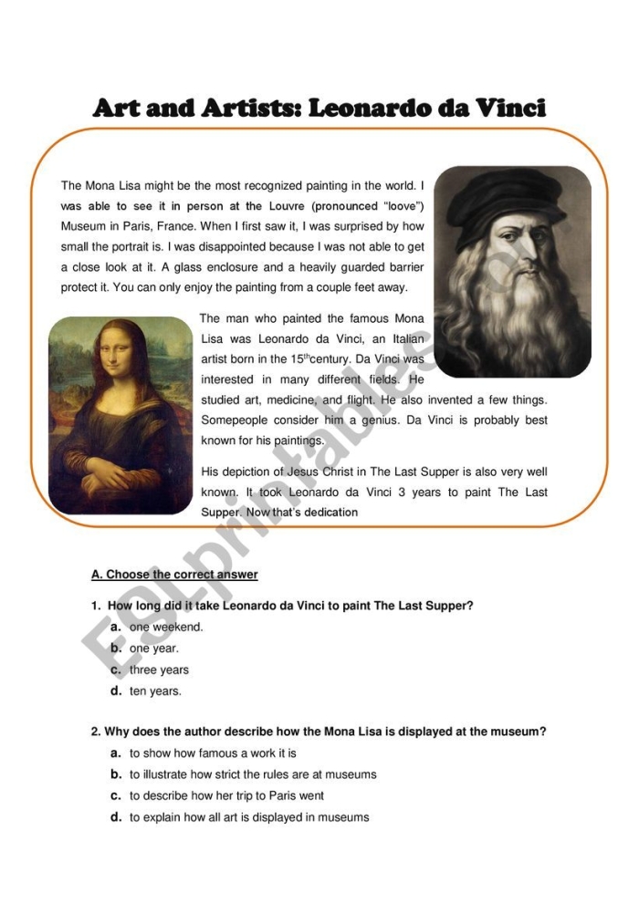 Children engaging with a Leonardo da Vinci worksheet focused on art and creativity. Educational resource for fifth graders exploring Da Vinci's life and work.