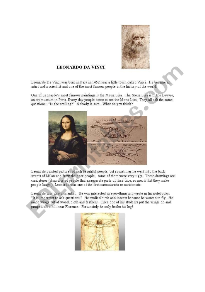 Illustration of a fifth-grade worksheet focusing on Leonardo da Vinci's life and artistic techniques