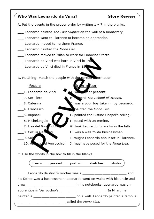 Children engaging with a Leonardo da Vinci worksheet, exploring his artistic techniques. A fifth-grade phonics activity focused on the life and work of Leonardo da Vinci.