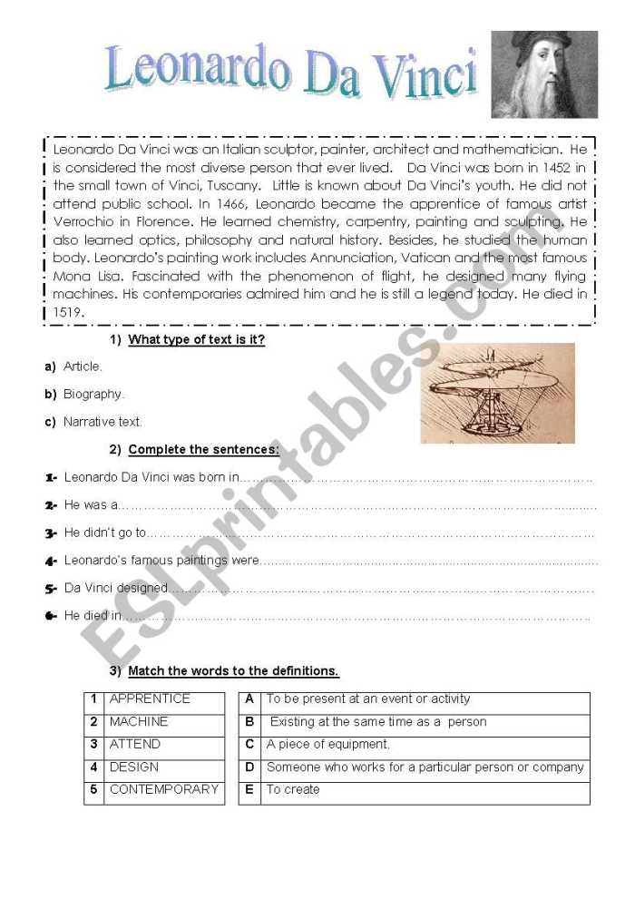 Students engage with a Leonardo da Vinci worksheet focusing on his art and inventions. Worksheet image 24 illustrating creative processes inspired by da Vinci's techniques.