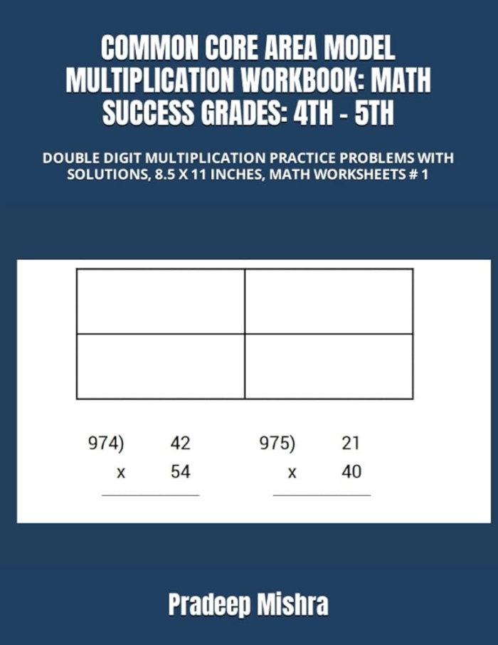 Fifth grade math worksheet showing the area model method for multiplying mixed numbers