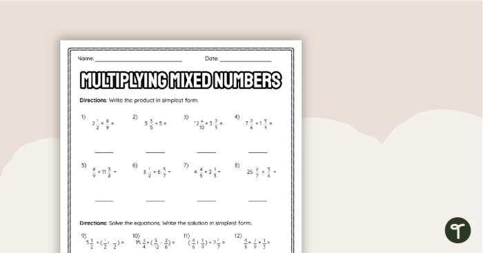 Fifth grade math worksheet showing the area model method for multiplying mixed numbers