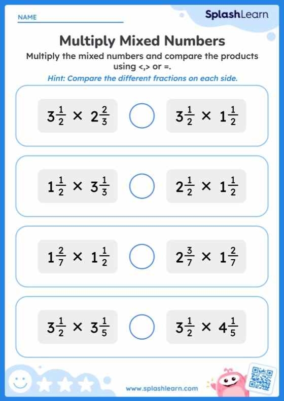 Fifth grade math worksheet showing area model steps for multiplying mixed numbers