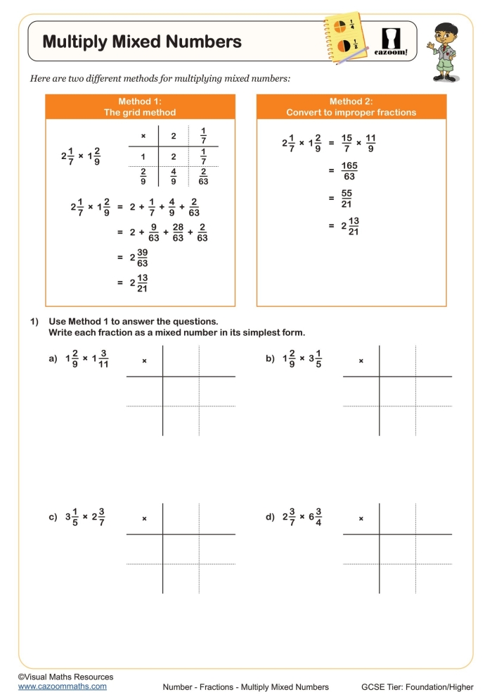 Fifth grade math worksheet showing an area model for multiplying mixed numbers
