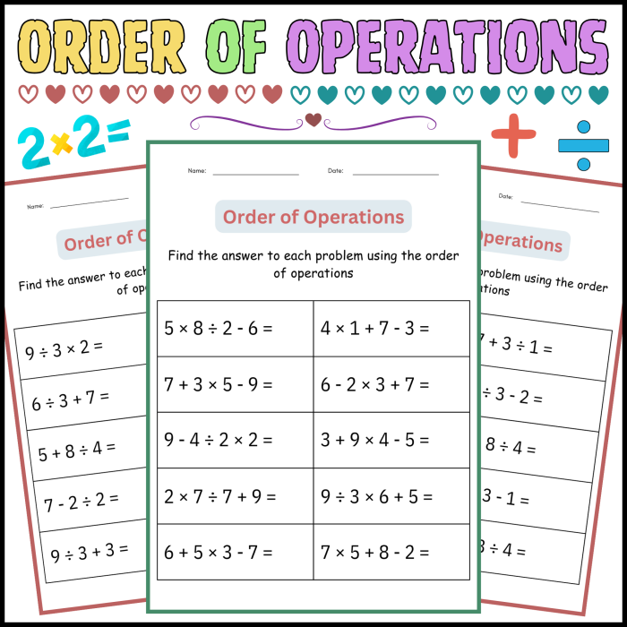 Fifth grade worksheet showing glossary terms for order of operations sequencing in math