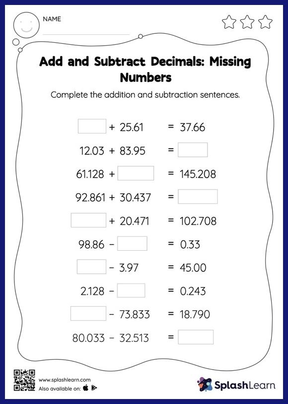Fifth grade math worksheet showing equations with missing operation symbols to solve