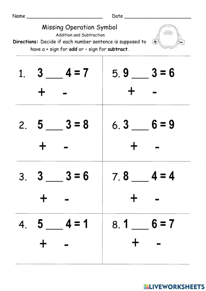 Fifth grade math worksheet showing equations with missing operation symbols to solve