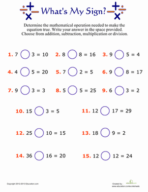 Fifth grade math worksheet on finding missing operations in equations