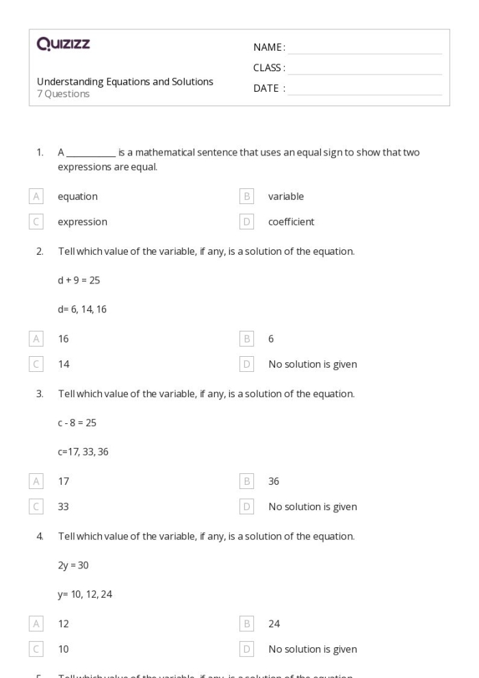 Fifth grade math worksheet showing equations with missing operations for students to solve