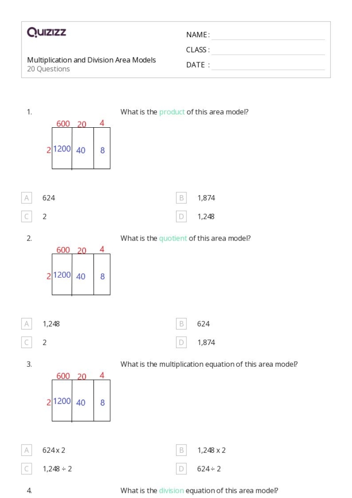 Fifth grade math worksheet showing an area model for multiplying mixed numbers