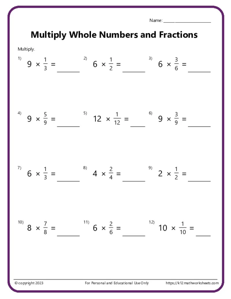 Fifth grade math worksheet showing the area model method to multiply mixed numbers