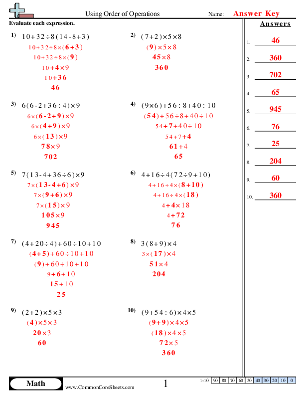 Glossary page for fifth grade reading on order of operations sequencing with definitions and examples