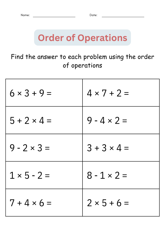 Fifth grade glossary worksheet for order of operations sequencing in reading