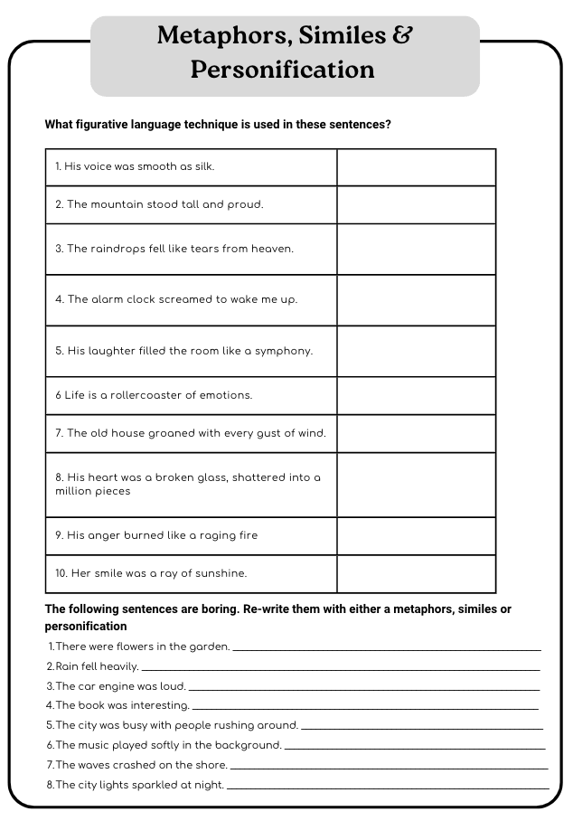 Illustration of a worksheet activity about identifying and describing metaphors Metaphors worksheet for fifth graders focusing on comparisons between objects like grapefruits and moons