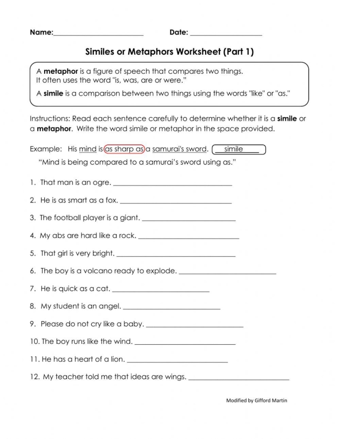 Engaging activity for understanding metaphors in grammar and mechanics Metaphors worksheet for fifth graders comparing items like grapefruits and moons