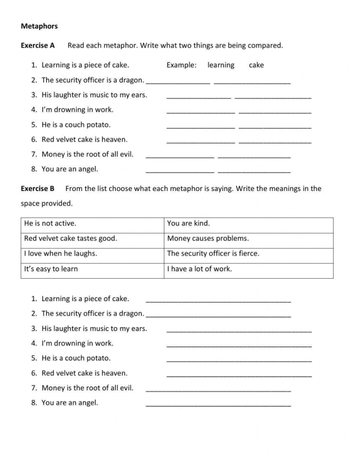 Interactive activity image for identifying and describing metaphors in language Metaphors worksheet for fifth graders featuring examples of comparisons like grapefruit and moon