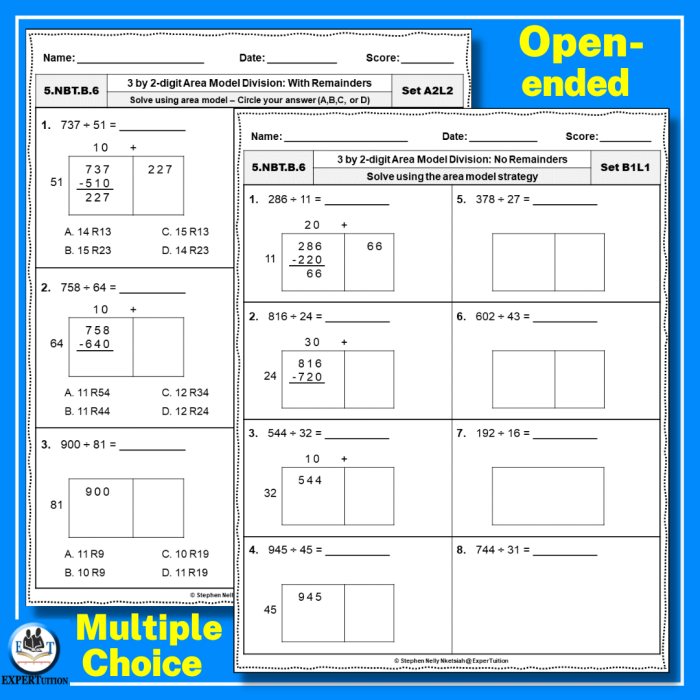 Fifth grade worksheet demonstrating the area model method for multiplying mixed numbers