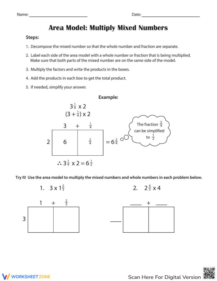 Fifth grade worksheet demonstrating the area model to multiply mixed numbers