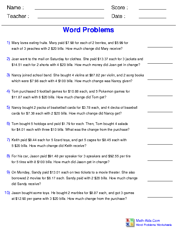 Money-themed multiplication worksheet titled "Money, Money, Money!" for solving and checking answers Multiplication word problems focused on money for fifth graders in a worksheet format