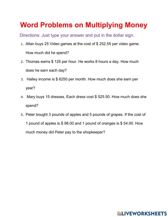 Multiplication Word Problems: Money, Money, Money! worksheet image 5 Fifth grade worksheet featuring multiplication word problems related to money