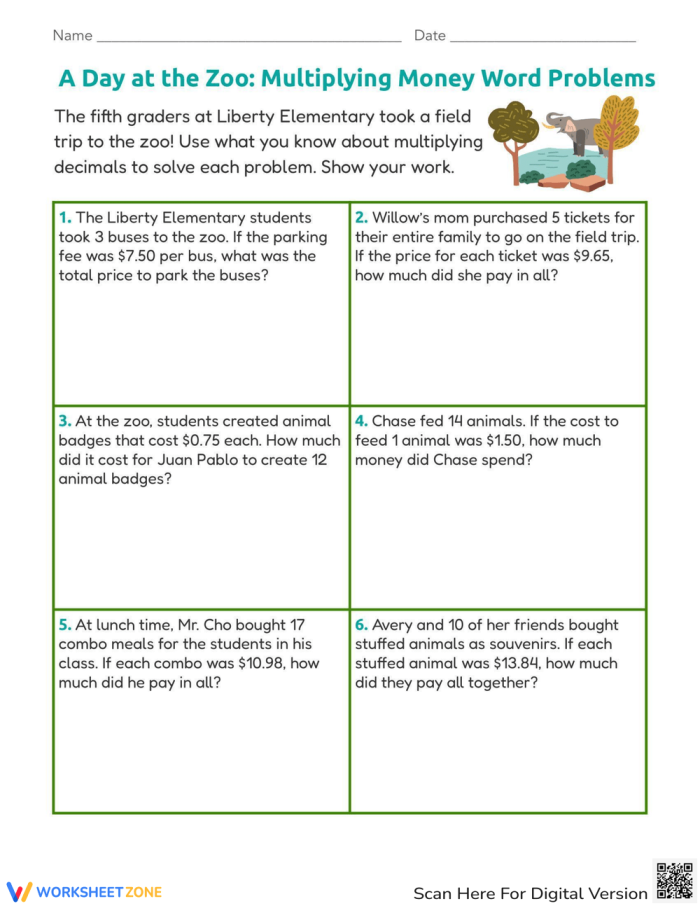 Fractions worksheet for Fifth Grade Worksheet featuring multiplication word problems focused on money for fifth graders. Multiplication Word Problems: Money, Money, Money! worksheet for fifth grade students.