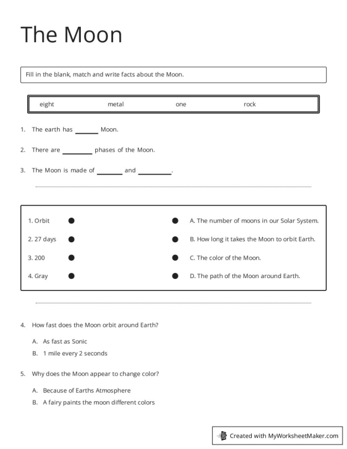 Detailed illustration of the moon formation process for a fifth-grade worksheet on lunar science