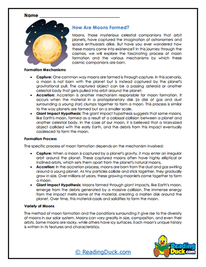 Diagram illustrating the formation of moons in our solar system for a fifth-grade lesson