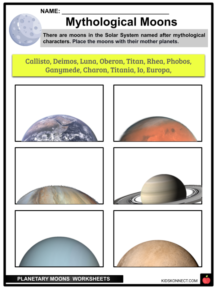 Worksheet illustrating the formation of moons in our solar system for fifth graders