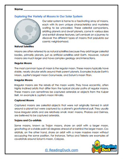 Worksheet exploring the formation of moons in our solar system for fifth graders