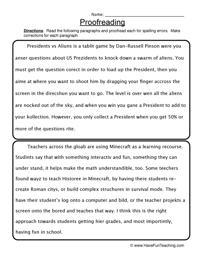 Fifth grade life science worksheet showing a paragraph proofreading exercise with editing marks and corrections for students to identify grammar and spelling errors