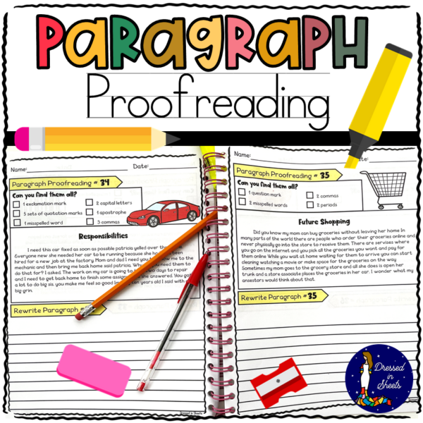 Fifth grade life science worksheet showing a paragraph with proofreading corrections and editing marks for student practice