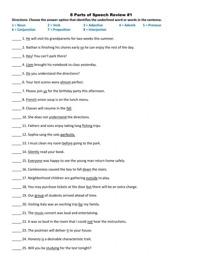 Reviewing parts of speech worksheet for fifth grade students number 23 Fifth grade worksheet for reviewing parts of speech with examples and exercises