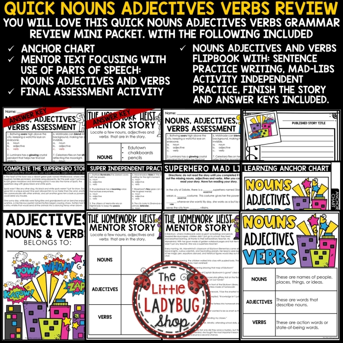 Worksheet for fifth graders to practice identifying parts of speech in sentences, image 6 Fifth grade student completing a Reviewing Parts of Speech worksheet focusing on word functions in sentences