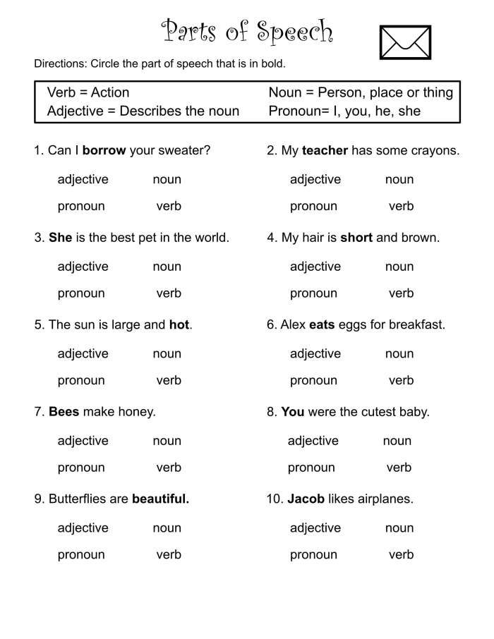 Reviewing the functions of words with a parts of speech worksheet for fifth graders Fifth grade student completing a worksheet on parts of speech in reading