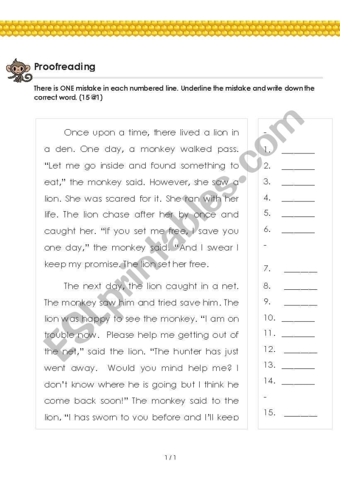 Fifth grade life science worksheet showing a paragraph with proofreading corrections and editing marks for students to practice peer review skills
