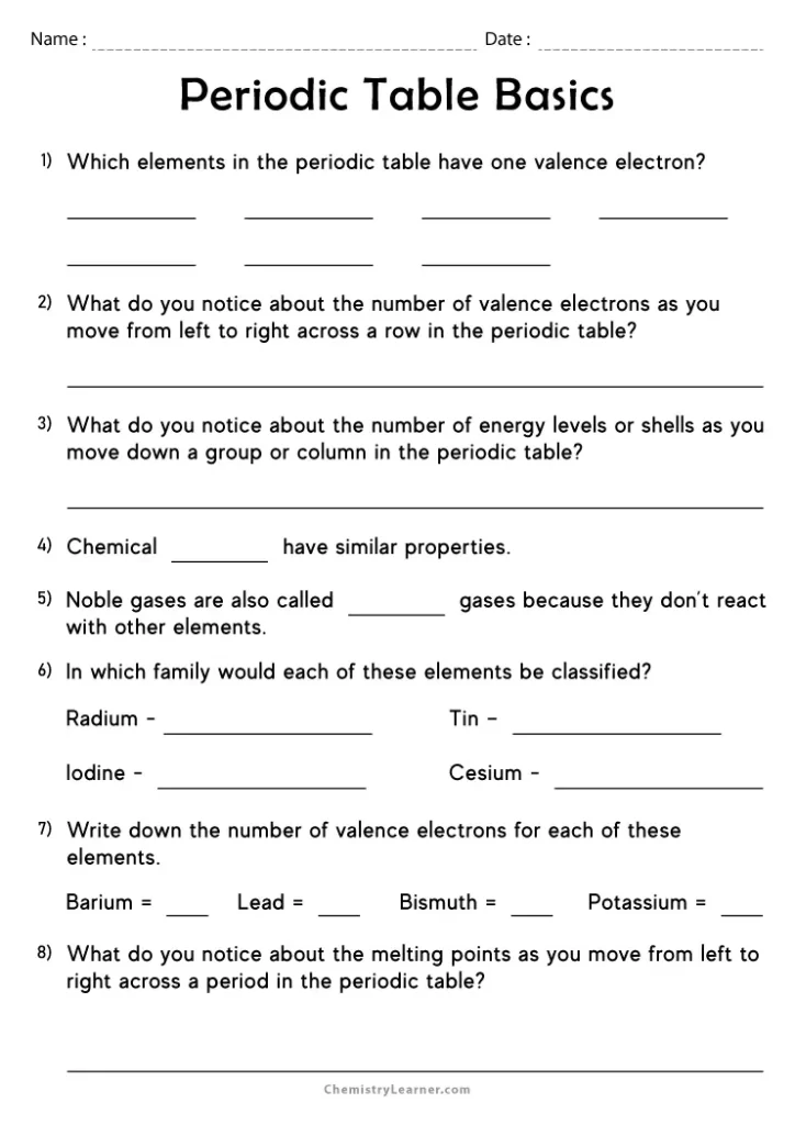 Fifth grade worksheet explaining how to read the periodic table with colorful element blocks