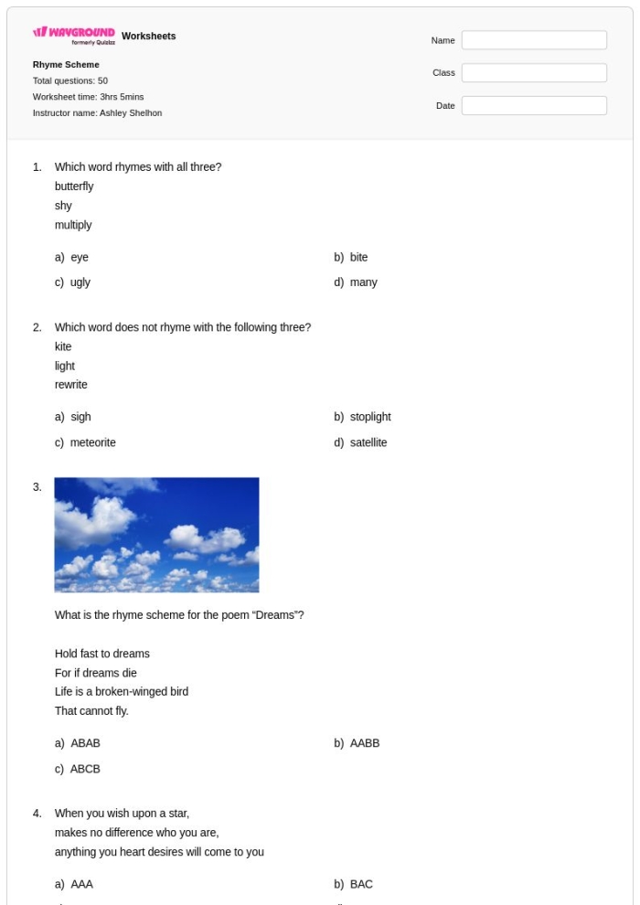 Rhyme scheme exercise for identifying rhyming words in If by Rudyard Kipling Fifth grade student working on a rhyme scheme worksheet featuring Kipling's If poem
