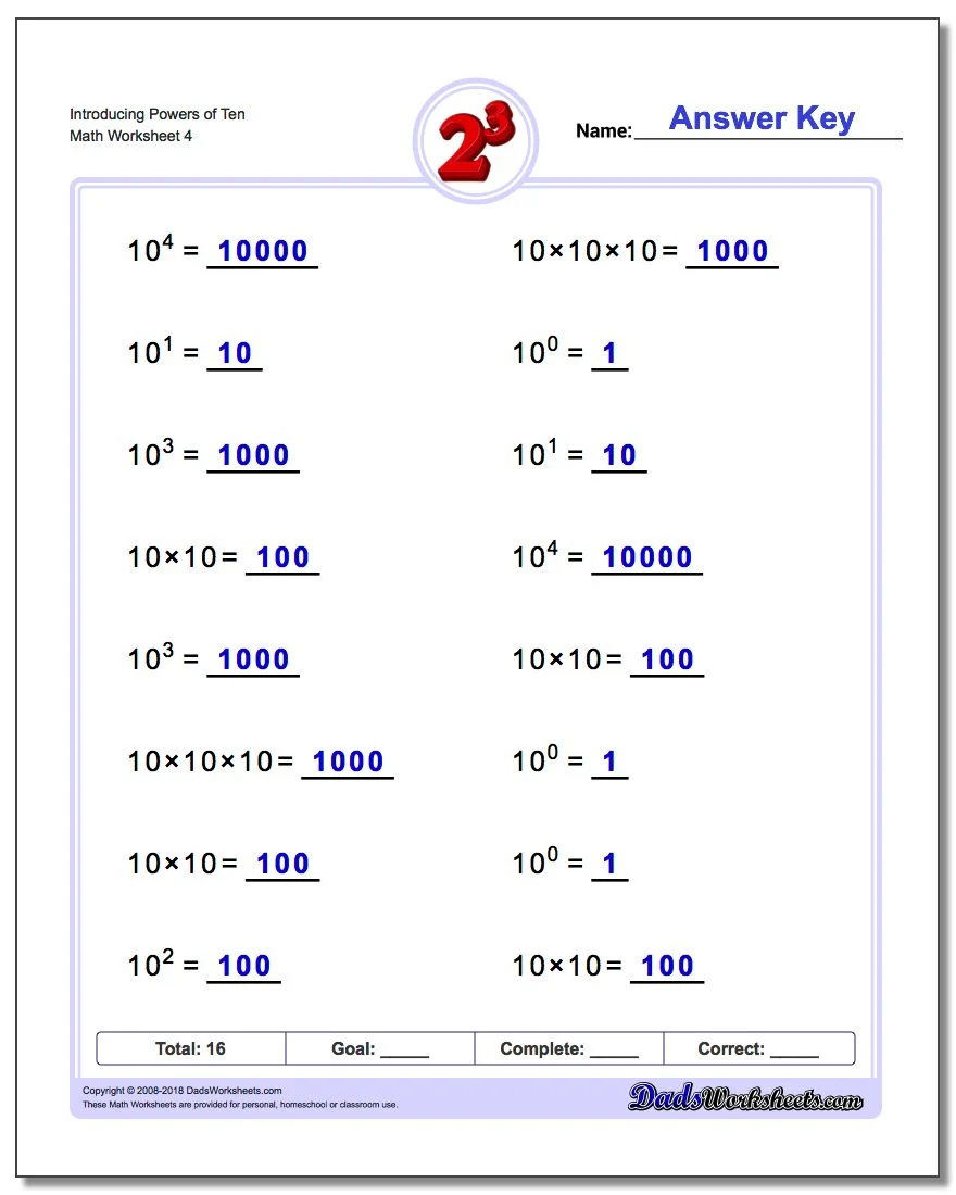 Powers of ten chart worksheet designed for fifth-grade math students