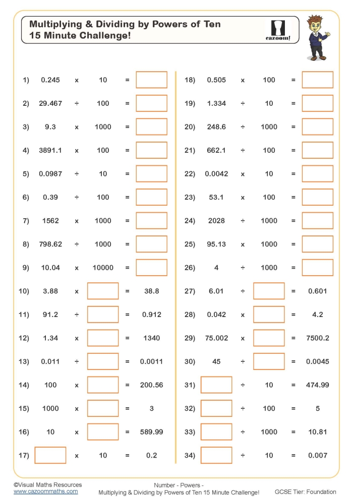 Growing by Powers of Ten Chart worksheet for fifth-grade math students