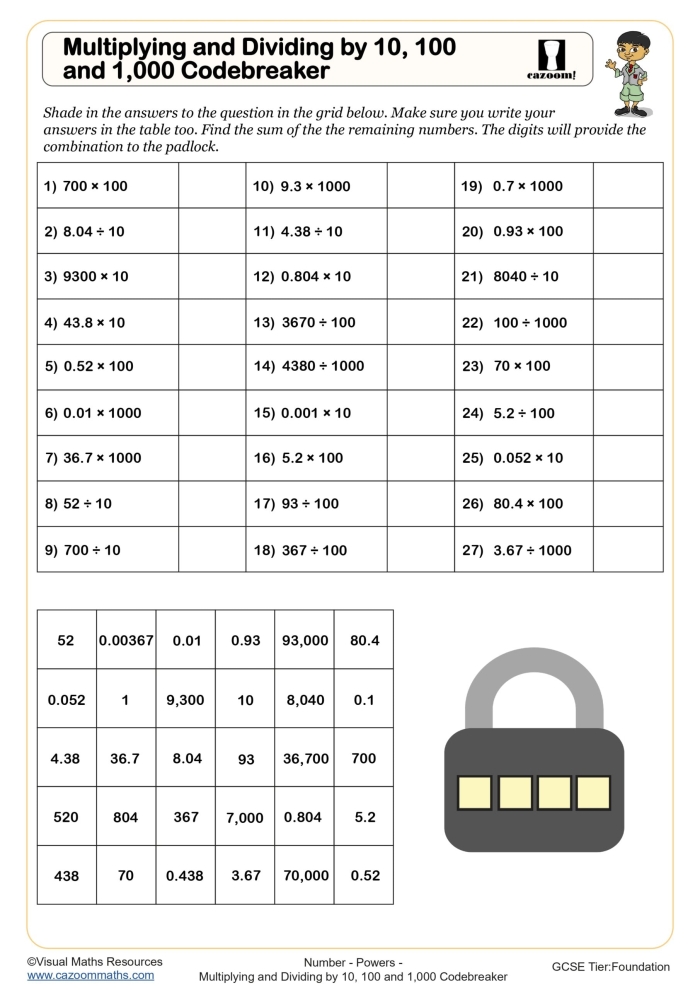 Growing by Powers of Ten Chart worksheet for fifth-grade math students