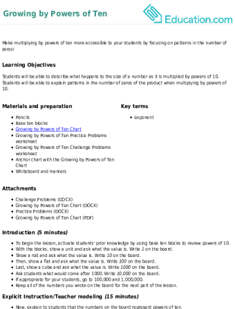 Worksheet illustrating growth patterns in powers of ten for fifth-grade math students