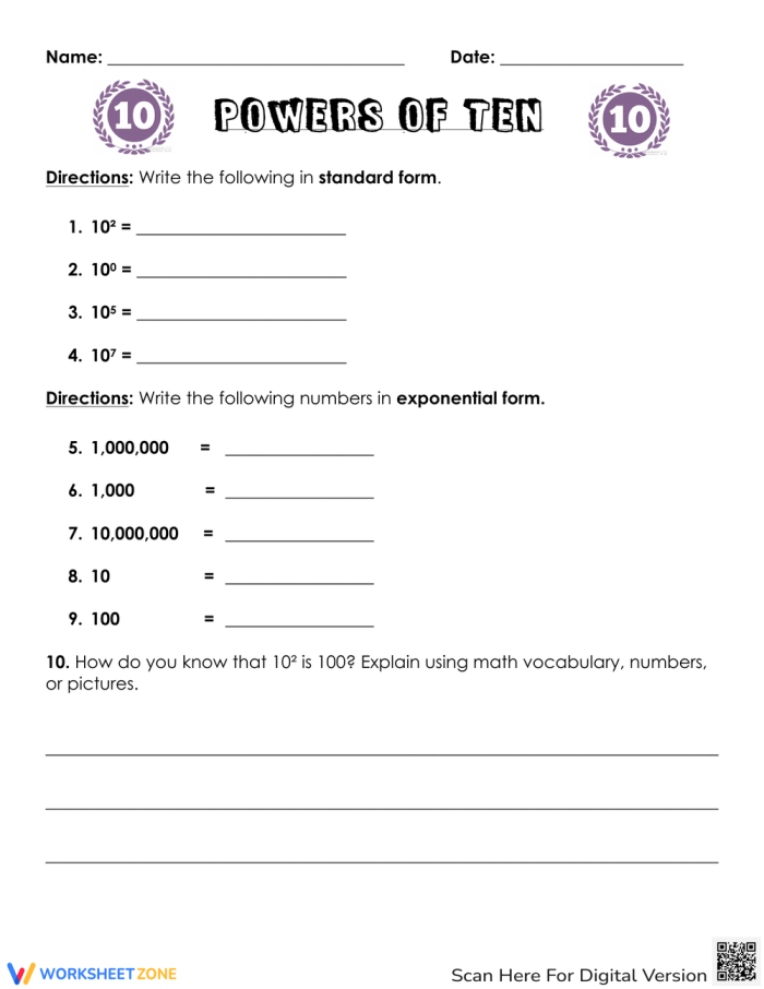 Growing by Powers of Ten Chart worksheet for fifth-grade math students
