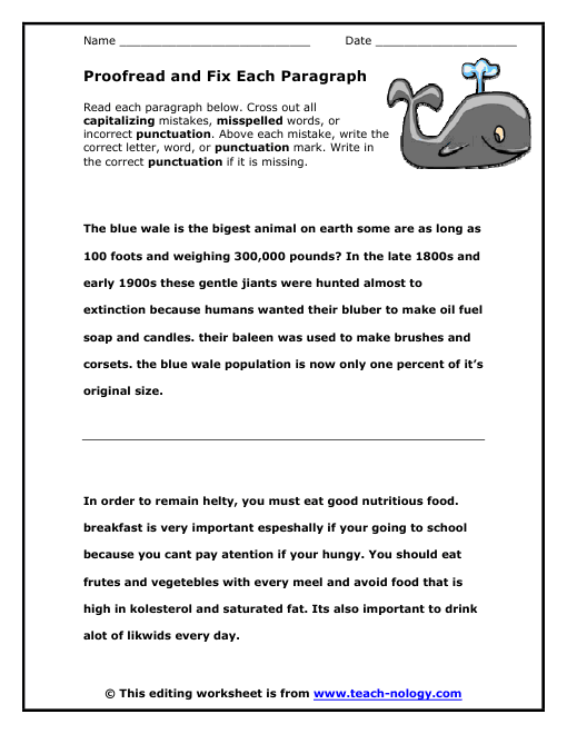 Fifth grade students proofreading a life science paragraph for grammar and spelling errors on a worksheet