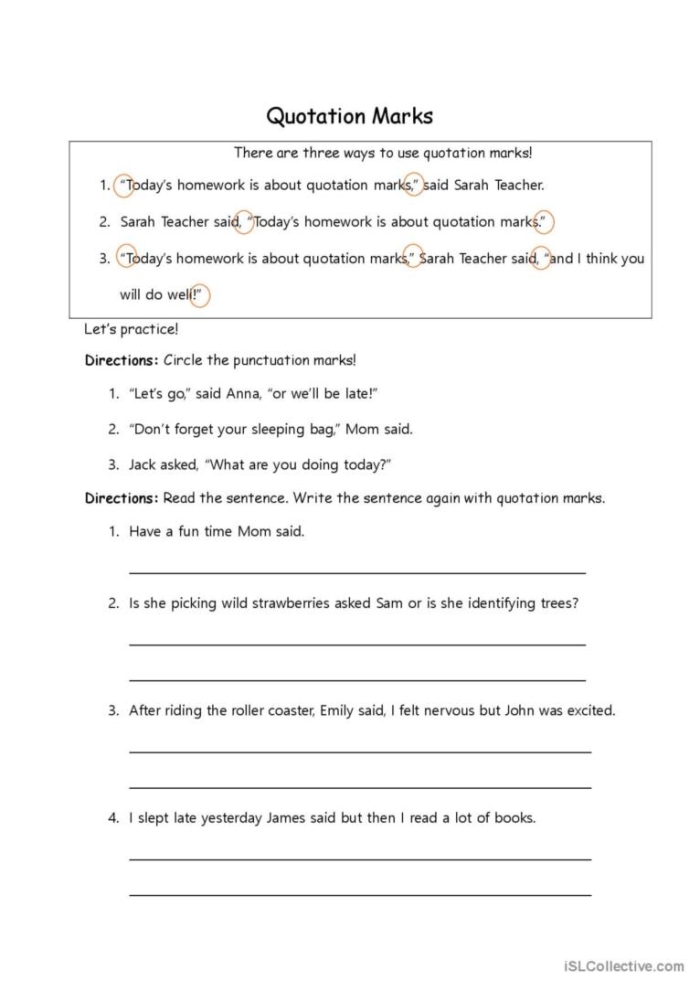 Worksheet for practicing the use of quotation marks in dialogue from The Secret Garden